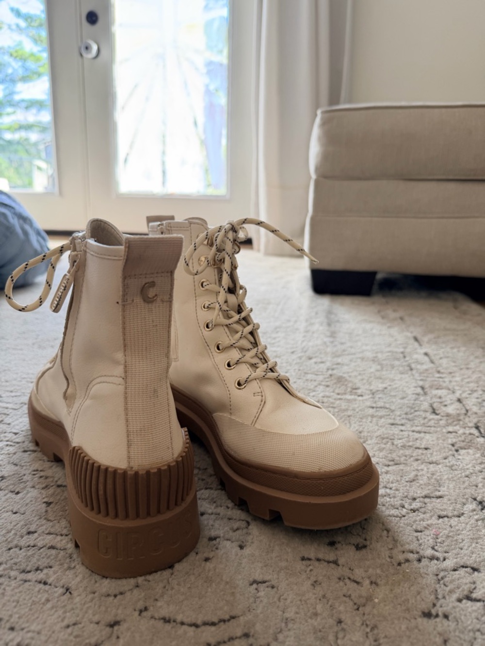 Circus by Sam Edelman Cream and Brown Lace-Up Platform Combat Boots